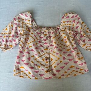 Faherty Sun Road Cali Top Cream Geo Puff Sleeve Blouse XS | Boho Resort